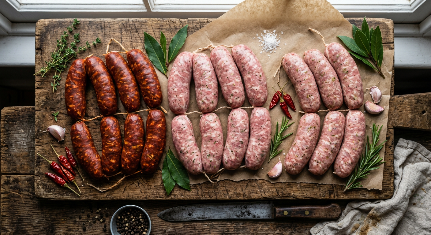 Rows of handcrafted sausages with chillies and fresh herbs on butcher paper and a wooden board