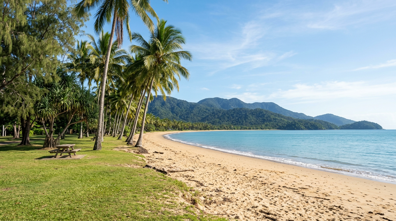 Palm-lined beachside park at Mission Beach in tropical North Queensland