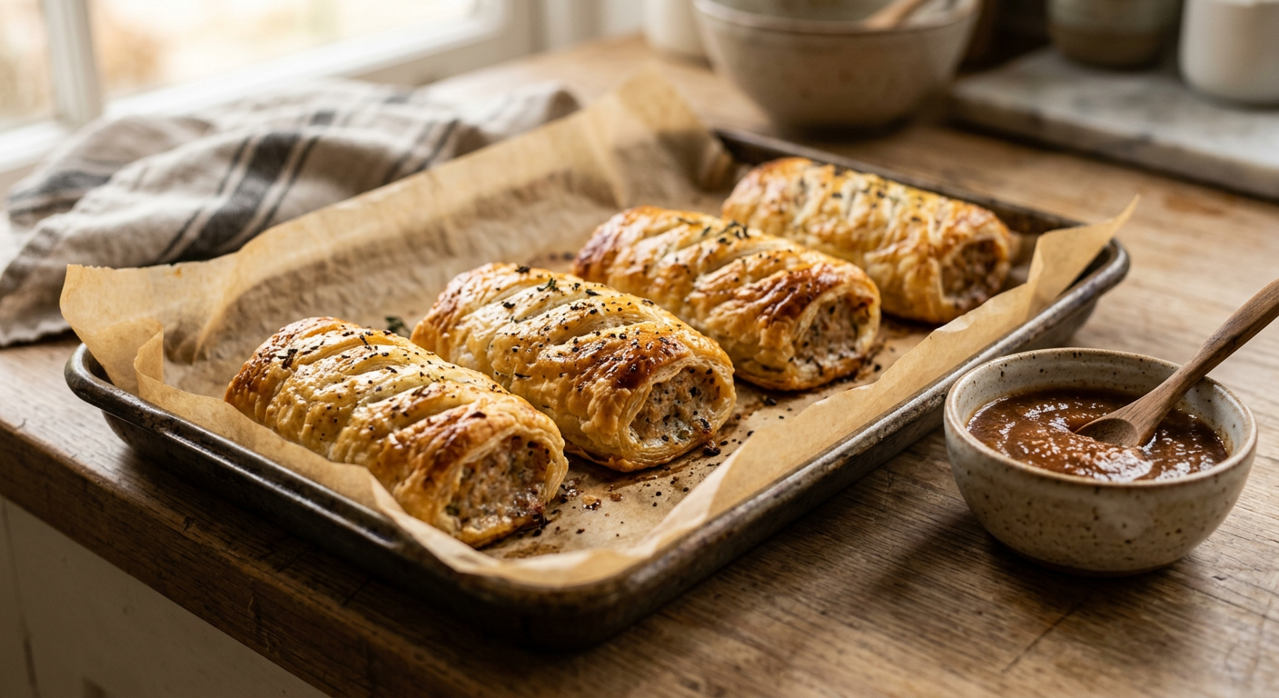 Golden baked sausage rolls on a tray beside a bowl of homemade sauce